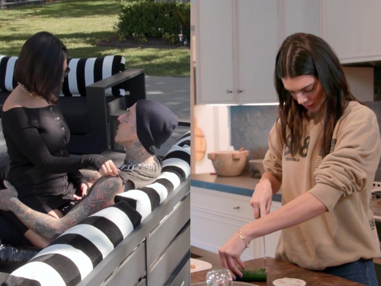 left; kourtney kardashian and travis barker on an outdoor couch, with kourtney straddling travis; right: kendall jenner reaching her arm over her body and cutting a cucumber awkwardly