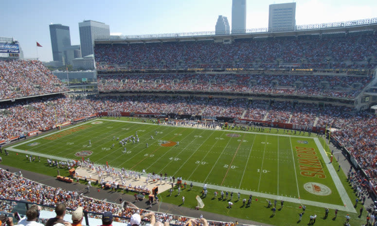 A field level view of the Cleveland Browns stadium.