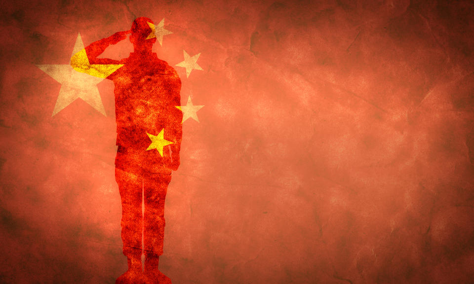 Chinese grunge flag with soldier silhouette. Vintage, retro style. High resolution, hd quality. Item from my grunge flags collection.