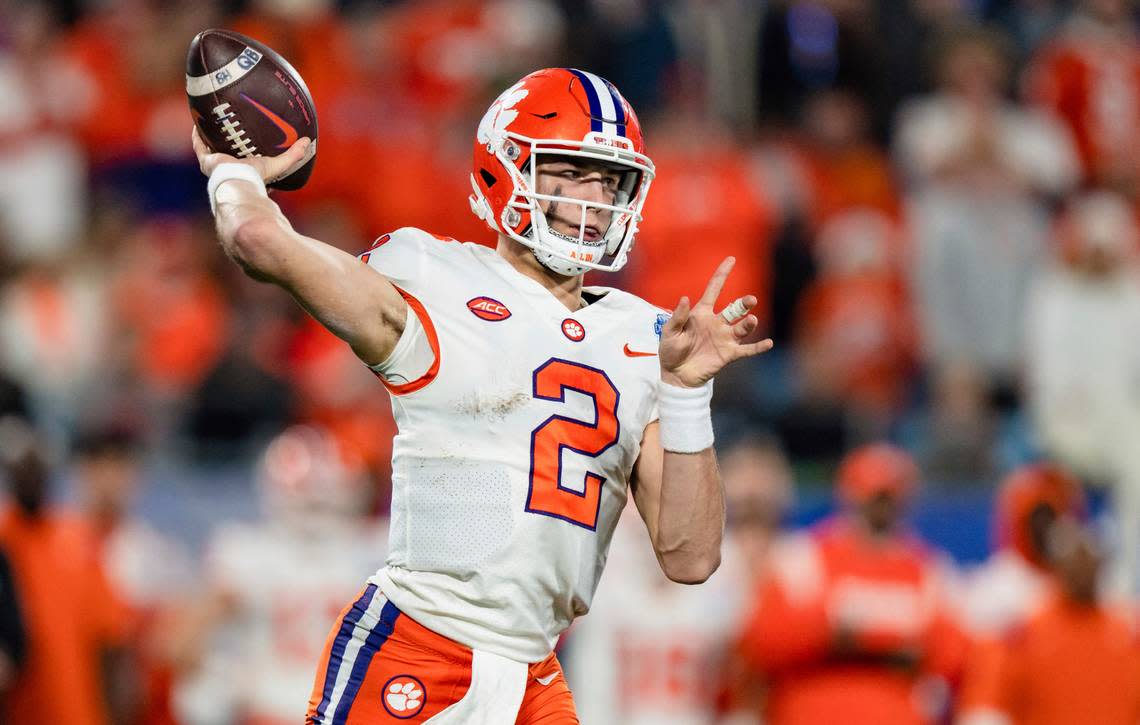 Clemson quarterback Cade Klubnik throws a pass during the second half of the team’s Atlantic Coast Conference championship NCAA college football game against North Carolina on Saturday, Dec. 3, 2022, in Charlotte, N.C. (AP Photo/Jacob Kupferman)