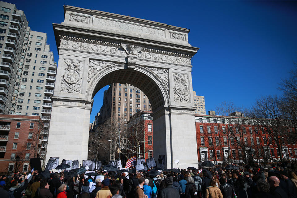 <p>Several hundred people gather to take part in the “Mock Funeral for Presidents’ Day” rally at Washington Square Park in New York City on Feb. 18, 2017. (Gordon Donovan/Yahoo News) </p>