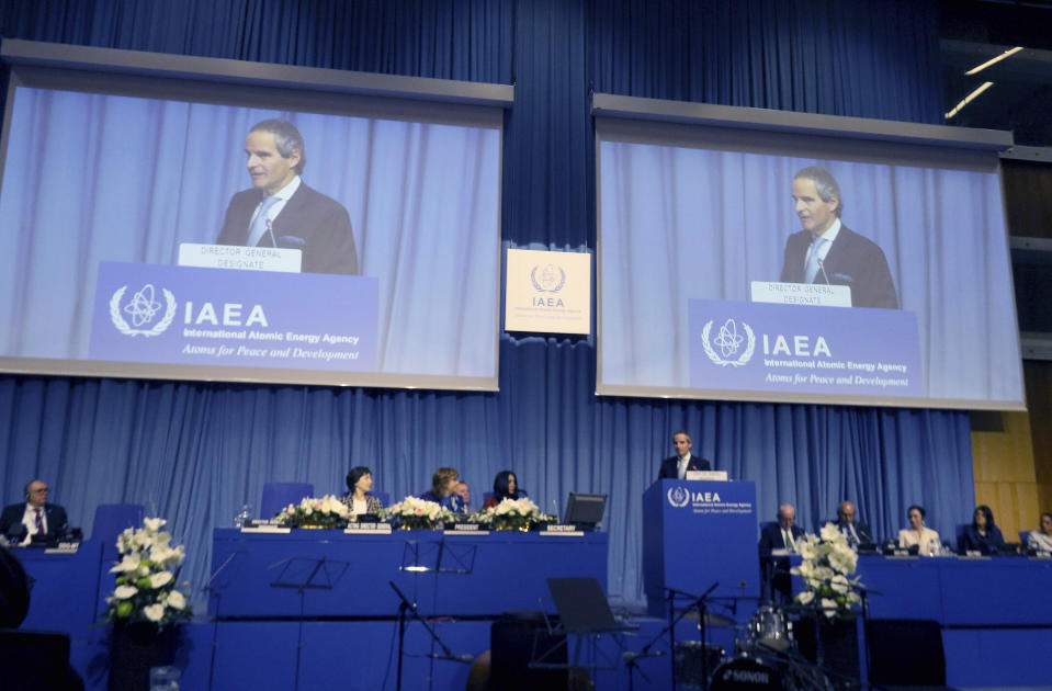 The designated director general of International Atomic Energy Agency, IAEA, Rafael Mariano Grossi from Argentina, delivers a speech at the beginning of a general confernce of the IAEA, at the International Center in Vienna, Austria, Monday, Dec. 2, 2019. (AP Photo/Ronald Zak)