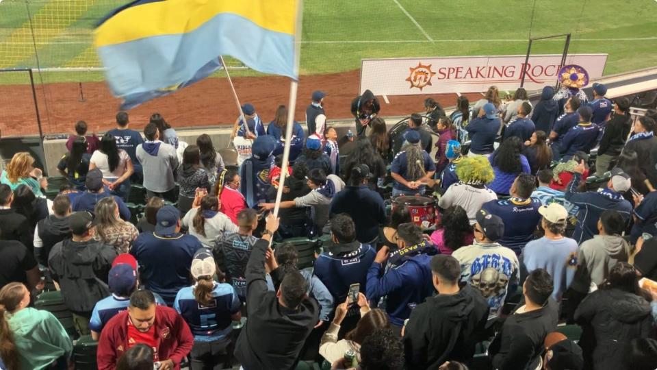 Locomotive supporters group 8th Notch celebrate the beginning of the USL soccer season Saturday at Southwest University Park against Hartford Athletic