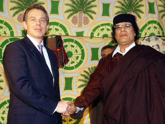 Tony Blair met with Muammar Gaddafi on the outskirts of Tripoli in March 2004 (Getty)