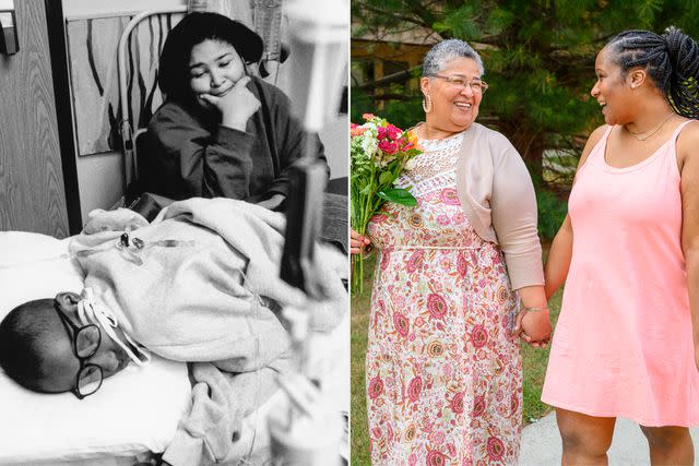 <p>Courtesy of Harry Connolly</p> Heather Brogdon receiving treatment while mom Phyllis Vines watches (left); Phyllis Vines with Heather Brogdan (right)