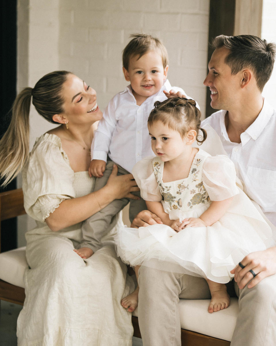 Shawn Johnson with her husband Andrew and their children, Drew and Jett, at their sprawling home in Nashville.