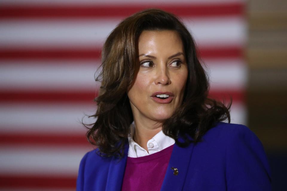 Gov. Gretchen Whitmer introduces Democratic presidential nominee Joe Biden delivers remarks about health care at Beech Woods Recreation Center October 16, 2020 in Southfield, Michigan.