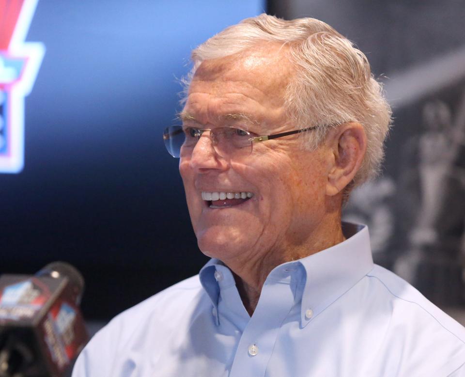 Dick Vermeil speaks to the media at the Pro Football Hall of Fame in Canton on Wednesday, April 6, 2022. Vermeil is a member of the Class of 2022.