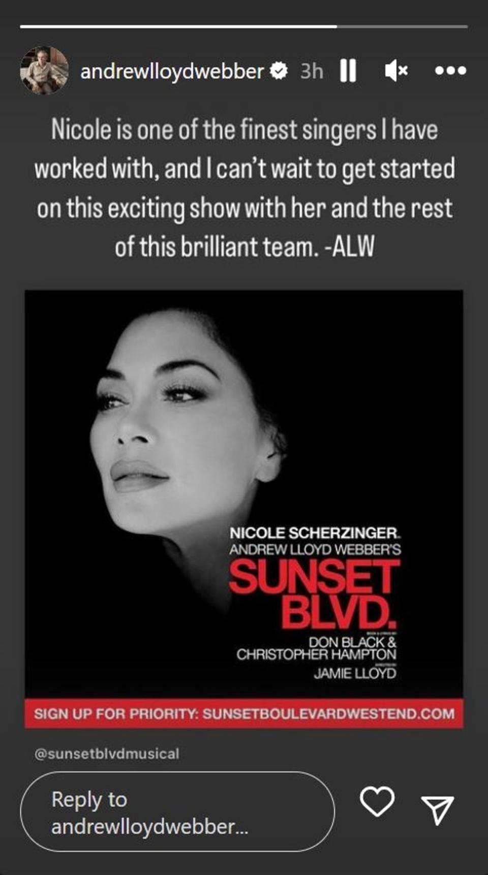 Lord Andrew Lloyd Webber praised Nicole Scherzinger in a post shared to his Instagram account (Instagram)