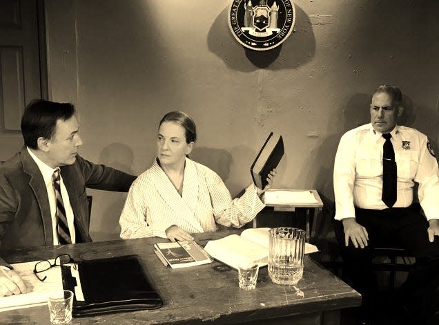 In a scene from the courtroom drama "Nuts" at Barnstable Comedy Club are, left to right Frank Hughes, Jr. as Aaron Levinsky, Theresa D. Cedrone as Claudia, Faith Draper and Rob Thorne as court officer Harry Haggerty.