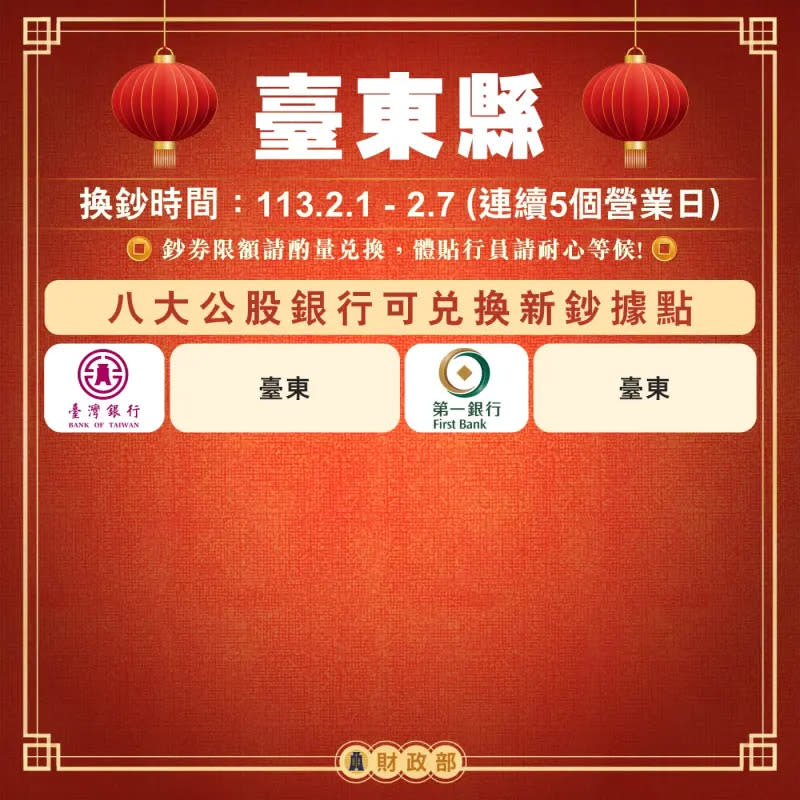 ▲新年換新鈔開跑，台東縣這些公股行庫據點可換鈔。（圖／財政部提供）