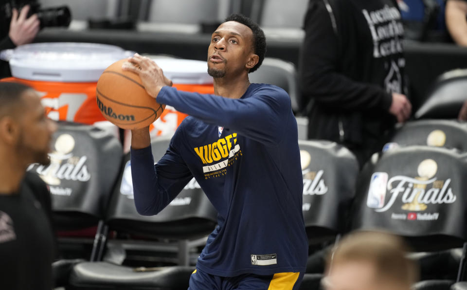 Denver Nuggets guard Ish Smith shoots the ball during practice for Game 2 of the NBA Finals Saturday, June 3, 2023, in Denver. (AP Photo/David Zalubowski)