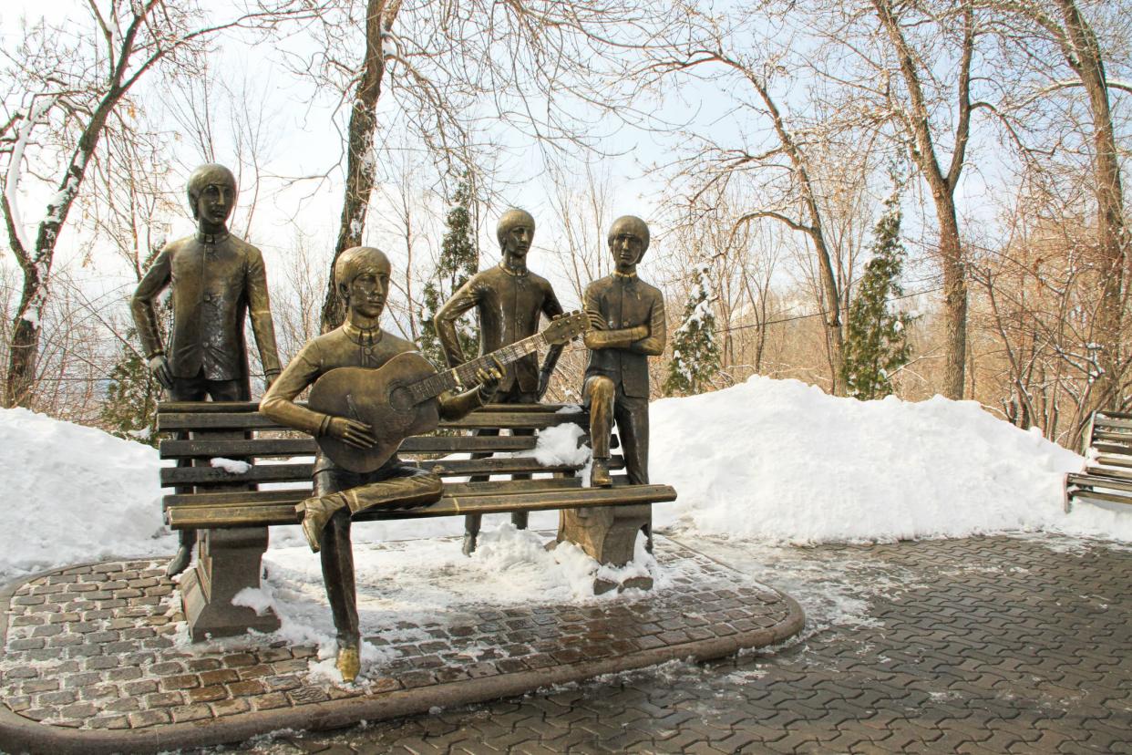 The Beatles bench on Kok Tobe mountain near Almaty, Kazakhstan