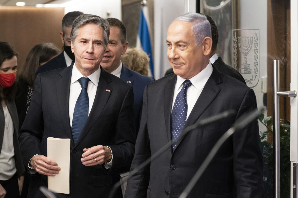 Secretary of State Antony Blinken speaks during a joint statement with Israeli Prime Minister Benjamin Netanyahu at the Prime Minister's office, Tuesday, May 25, 2021, in Jerusalem, Israel. (AP Photo/Alex Brandon, Pool)