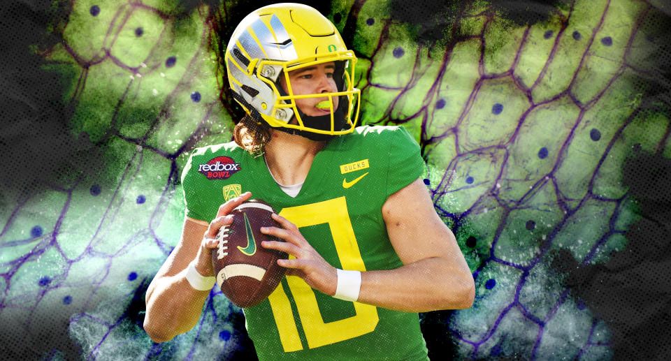 Top NFL prospect Justin Herbert is as fond of biology as he is of football. (Yahoo Sports illustration)