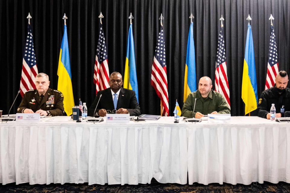 Chairman of the Joint Chiefs of Staff of the United States Army U.S. General Mark Milley, U.S. Secretary of Defence Lloyd Austin and Ukraine's Defence Minister Rustem Umerov  (Ida Marie Odgaard / Ritzau Scanpix / AFP - Getty Images)