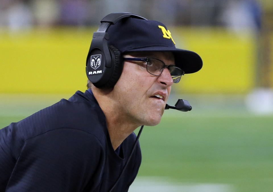 Michigan’s Jim Harbaugh had plenty to say about Purdue’s facilities after the Wolverines beat Purdue on Saturday (AP)