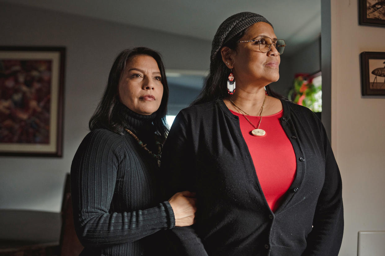 Patricia Yellow Robe's sister, LuAnna, left, and Rona. (Jovelle Tamayo for NBC News)