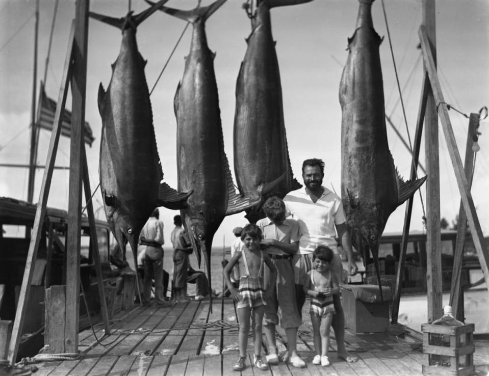 <div class="inline-image__caption"><p>Ernest Hemingway and his three sons (L-R: Patrick, Jack, and Gregory) on the Bimini docks. July 20, 1935.</p></div> <div class="inline-image__credit">Courtesy of Ernest Hemingway Photograph Collection. John F. Kennedy Presidential Library and Museum, Boston/PBS</div>