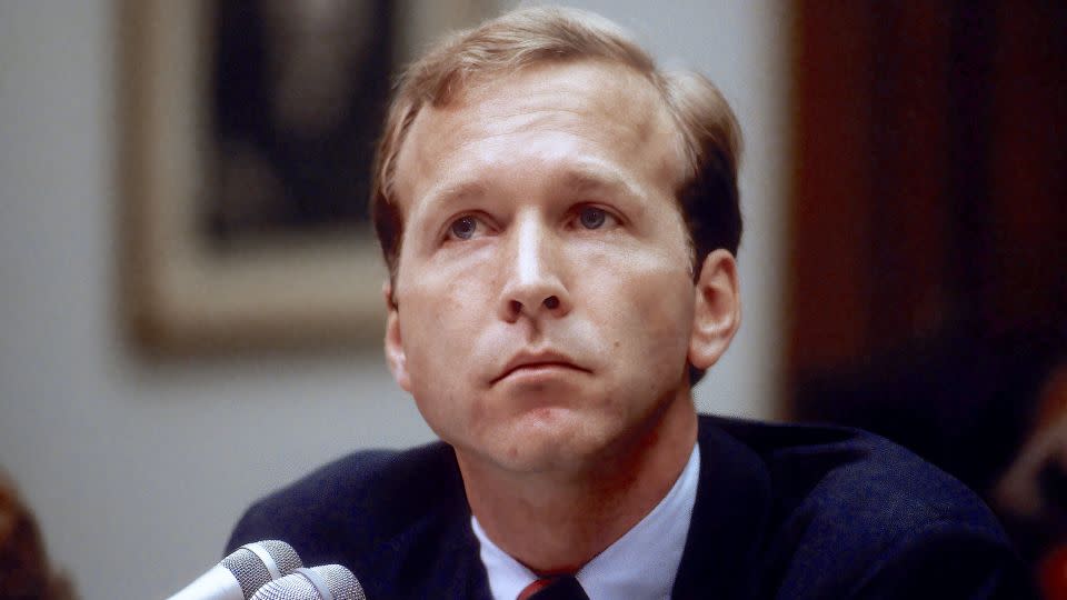 Neil Bush testifies on day two at the House Banking, Finance & Urban Affairs Committee hearings about his role in the $1 billion failure of the Silverado Banking, and Savings and Loan, Washington DC, May 23,1990 - Mark Reinstein/Corbis Historical/Getty Images