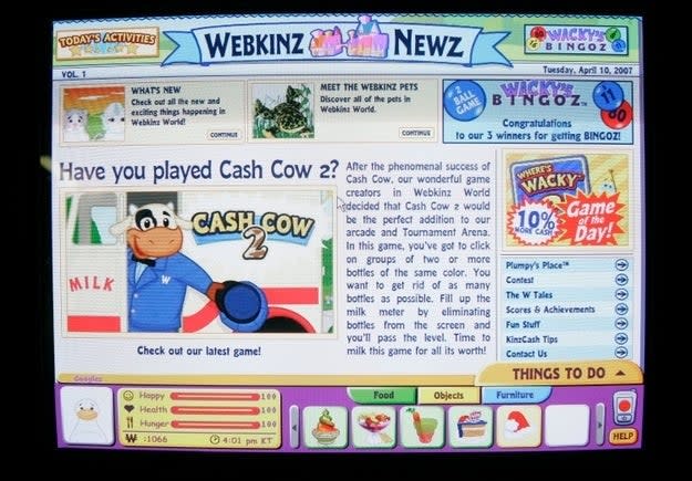 Webkinz Newz page on Cash Cow 2 game features, with a cartoon cow character and icons for user status and activities