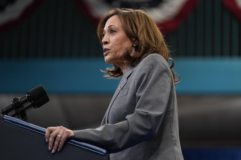 Vice President Kamala Harris delivers remarks during a campaign event with President Joe Biden in Raleigh, N.C., Tuesday, March 26, 2024. (AP Photo/Stephanie Scarbrough)