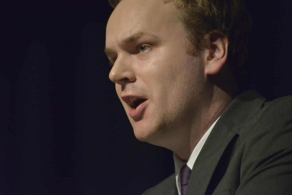 William Wragg MP, member of the United Kingdom Parliament for Hazel Grove, speaking at the Grassroots Out campaign event in Manchester, Greater Manchester, England, United Kingdom on Friday 5th February 2016. The Grassroots Out campaign seeks to take the United Kingdom out of the European Union. (Photo by Jonathan Nicholson/NurPhoto) (Photo by NurPhoto/NurPhoto via Getty Images)