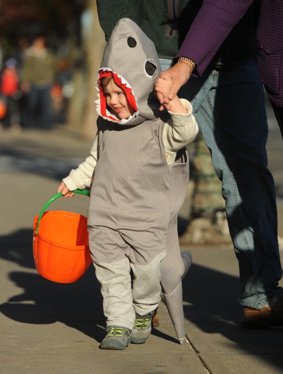 John Levins, then 2, of Marstons Mills put on a shark costume for a past treat event on Main Street in Hyannis.