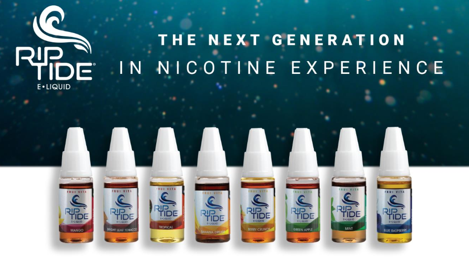 Eight bottles of nicotine liquid under the Rip Tide brand.