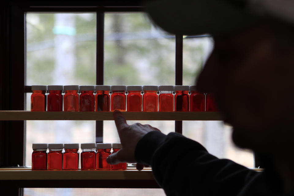 In this Wednesday, April 1, 2020 photo, Scott Dunn shows a visitor the different grades of maple syrup produced this season at the Dunn Family Maple sugar house in Buxton, Maine. Maple syrup producers are dealing with several setbacks after the coronavirus outbreak including the recent cancelation of Maple Syrup Sunday. (AP Photo/Robert F. Bukaty)