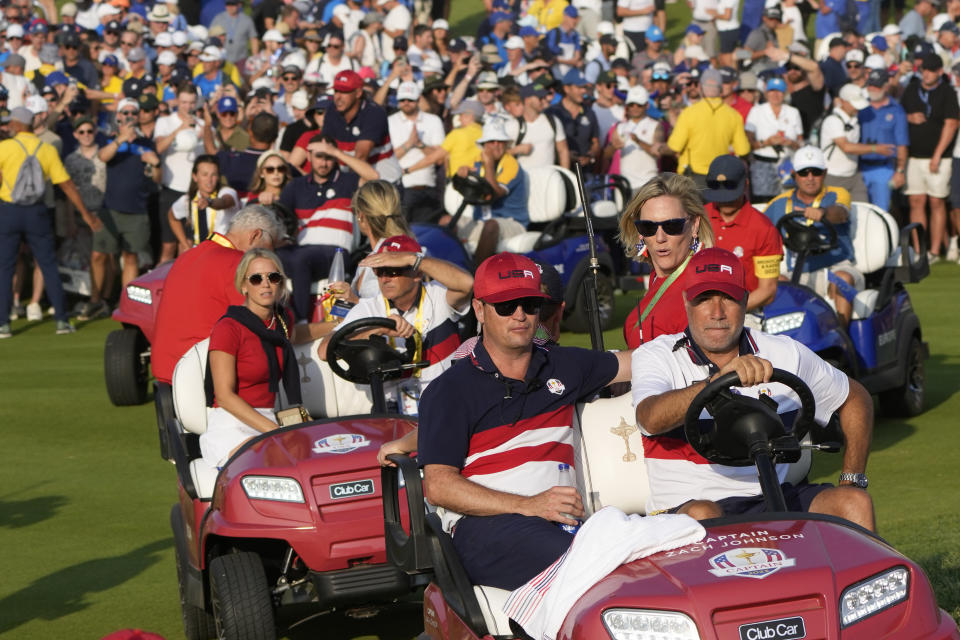 United States' Team Captain Zach Johnson watches the closing during singles match at the Ryder Cup golf tournament at the Marco Simone Golf Club in Guidonia Montecelio, Italy, Sunday, Oct. 1, 2023. (AP Photo/Alessandra Tarantino)