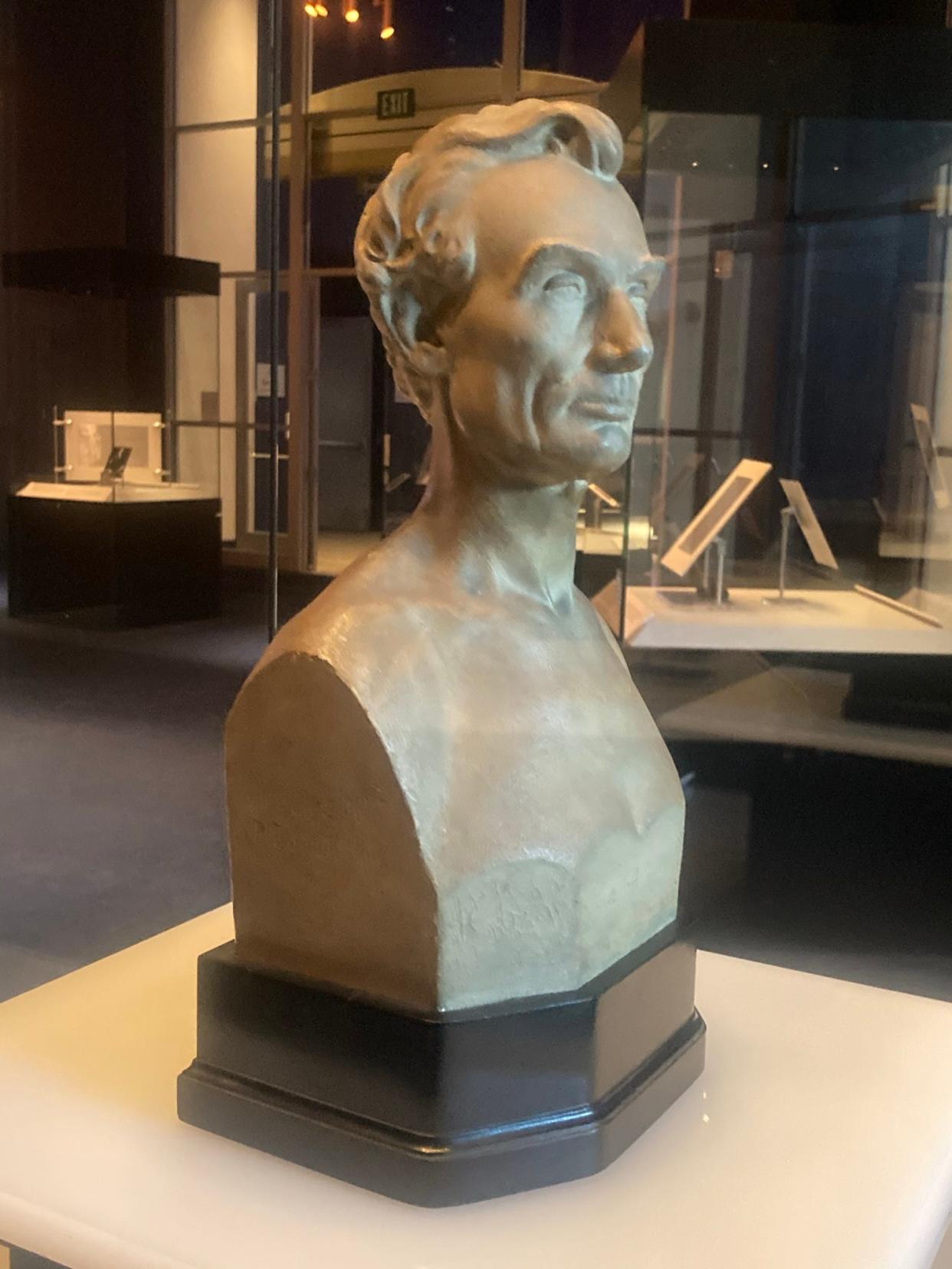 A bust of Abraham Lincoln, which once occupied the Lincoln home in Springfield, now sits in the Treasures Gallery at the Abraham Lincoln Presidential Library and Museum in Springfield, Ill. The bust, gifted to Lincoln by sculptor Leonard Volk, was purchased at an auction by Illinois First Lady MK Pritzker. She, in turn, gifted it to the ALPLM. It went on display late last week.