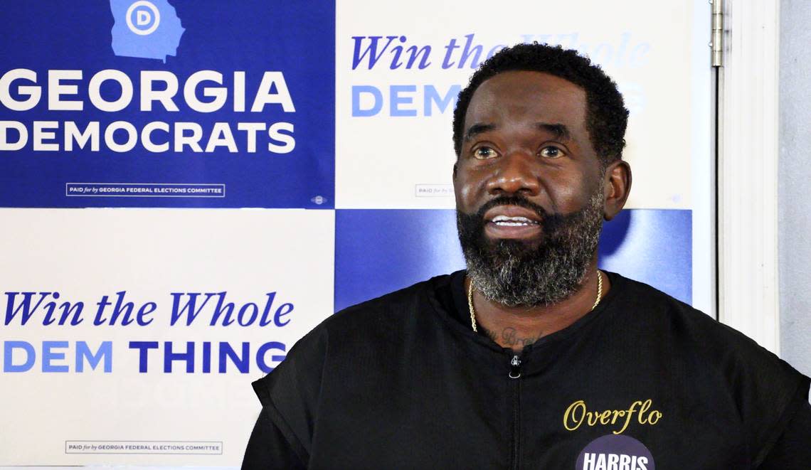 Gerald Riley, owner of Overflo Salon and Barber Shop on Rigdon Road in Columbus, Georgia, speaks at a Friday morning press conference in support of Vice President Kamala Harris and her proposal to bolster small businesses. 09/06/2024