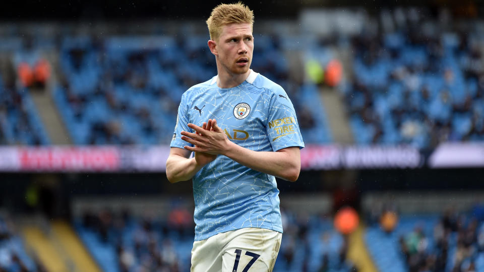 Manchester City's Kevin De Bruyne during the Premier League match at the Etihad Stadium, Manchester. Picture date: Sunday May 23, 2021. (Photo by Peter Powell/PA Images via Getty Images)