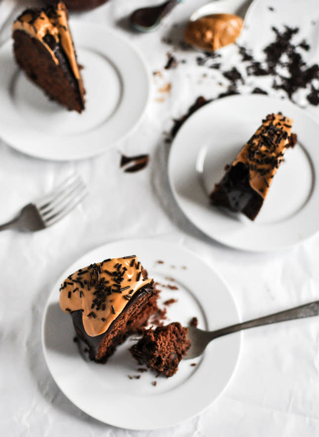 <strong>Get the <a href="http://www.howsweeteats.com/2012/10/chocolate-fudge-peanut-butter-cake-2/" target="_blank">Chocolate Fudge Peanut Butter Cake recipe</a> from How Sweet It Is</strong>