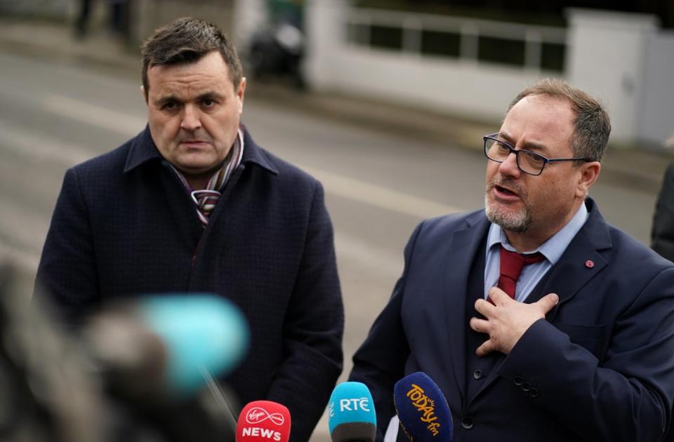 Brendan Byrne of the Irish Fish Processors and Exporters Association, left, and Patrick Murphy of the Irish South and West Fish Producers Organisation (Brian Lawless/PA) (PA Wire)