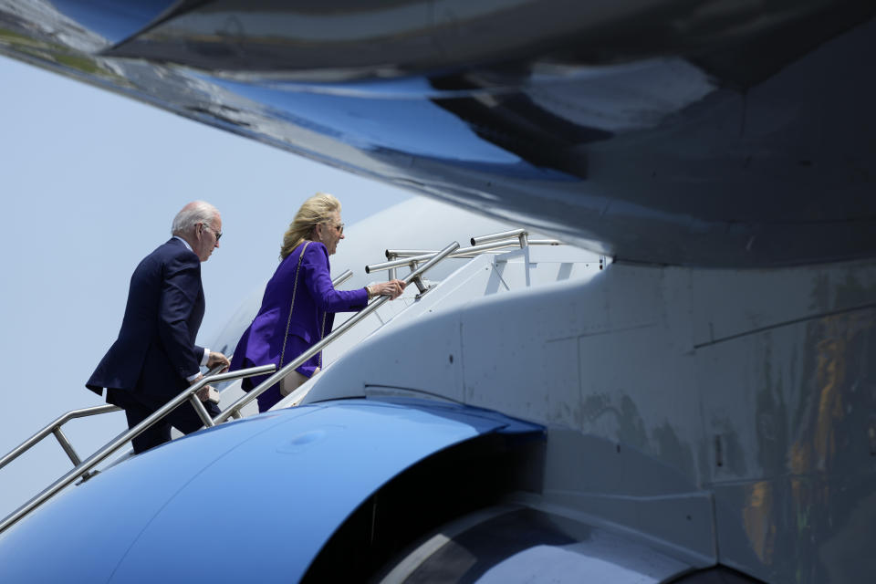 President Joe Biden and first lady Jill Biden board Air Force One at Philadelphia International Airport in Philadelphia, Monday, May 15, 2023. The Bidens are returning to Washington after attending a commencement for their granddaughter Maisy Biden, who graduated from the University of Pennsylvania. (AP Photo/Patrick Semansky)