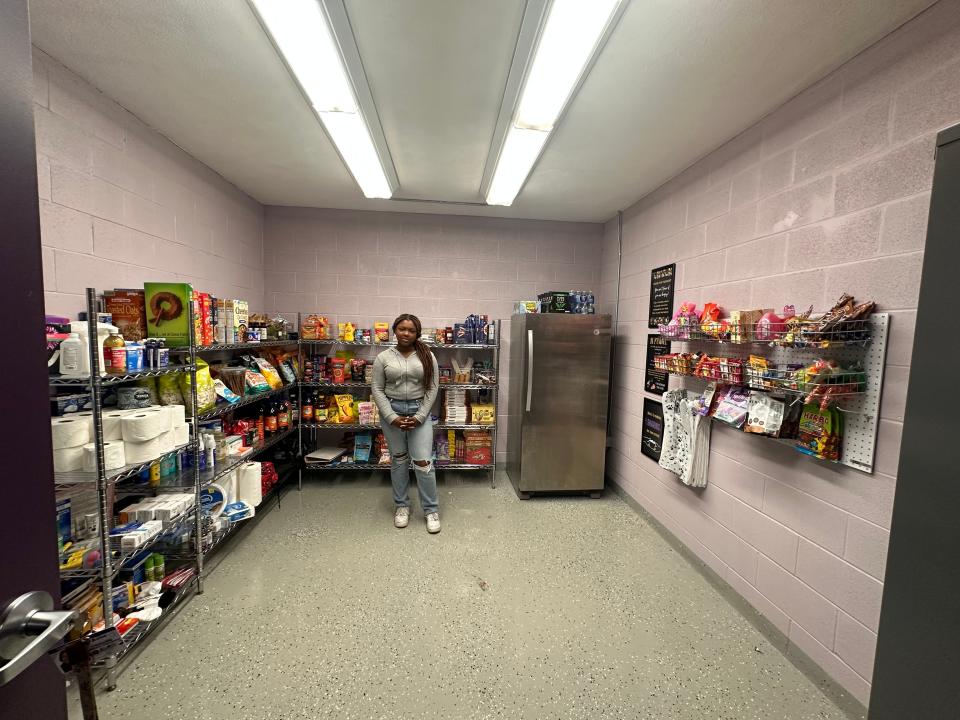 Jaida Ackeifi, a junior at Monty Tech, in the Nook, a pantry she helped establish at the school to provide students in need with items such as snacks or drinks at the end of the school day.
