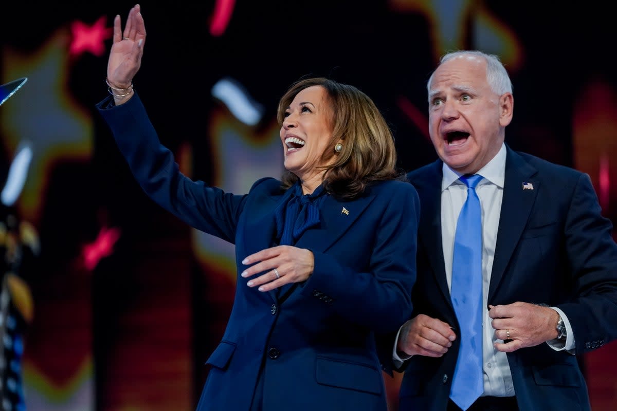 Kamala Harris and Tim Walz share the stage at the DNC on Thursday, August 22. They’ll share a stage again this week as they sit down for their first joint interview.  (EPA)