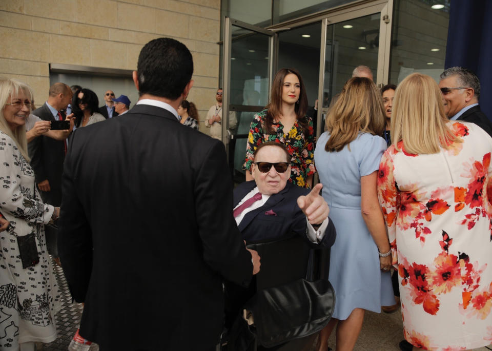 FILE - In this May 14, 2018 file photo, Sheldon Adelson attends the opening ceremony of the new U.S. embassy in Jerusalem. Israeli Prime Minister Benjamin Netanyahu said Tuesday, Jan. 12, 2020, that U.S. casino magnate Sheldon Adelson “will forever be remembered” for his work strengthening ties between the U.S. and Israel. Adelson's death at 87 was announced earlier Tuesday. With Adelson's death, Netanyahu loses a staunch supporter who for the last four years had the ear of the American president and helped drive U.S. policy toward Israel. (AP Photo/Sebastian Scheiner, File)