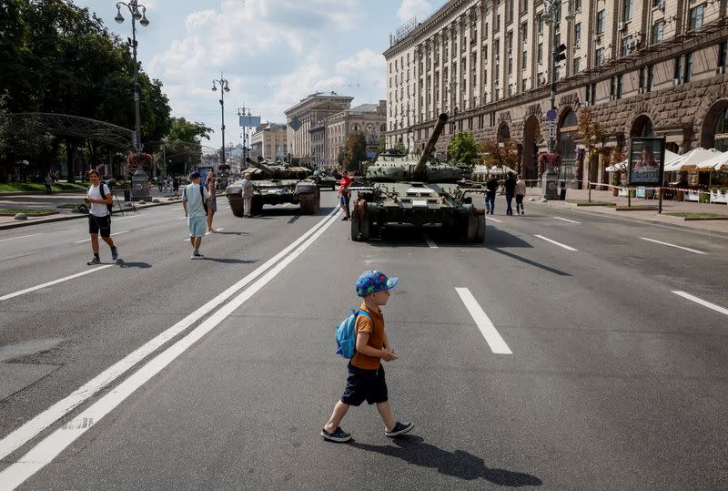 People attend exhibition displaying destroyed Russian military vehicles in central Kyiv