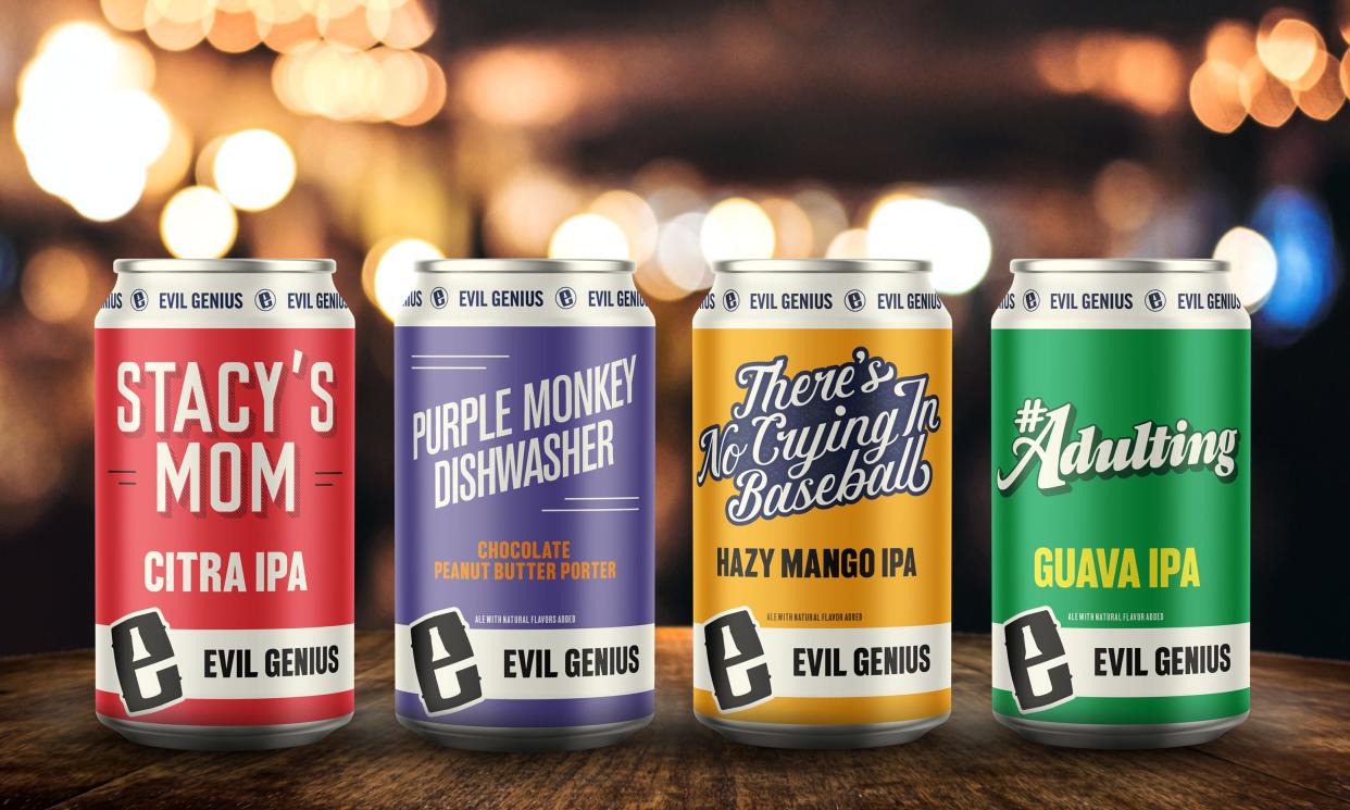 From left, Stacy's Mom Citra IPA, Purple Monkey Dishwasher Chocolate Peanut Butter Porter, There’s No Crying In Baseball Hazy Mango IPA and #Adulting Guava IPA are among the Evil Genius beers now available in Ohio.