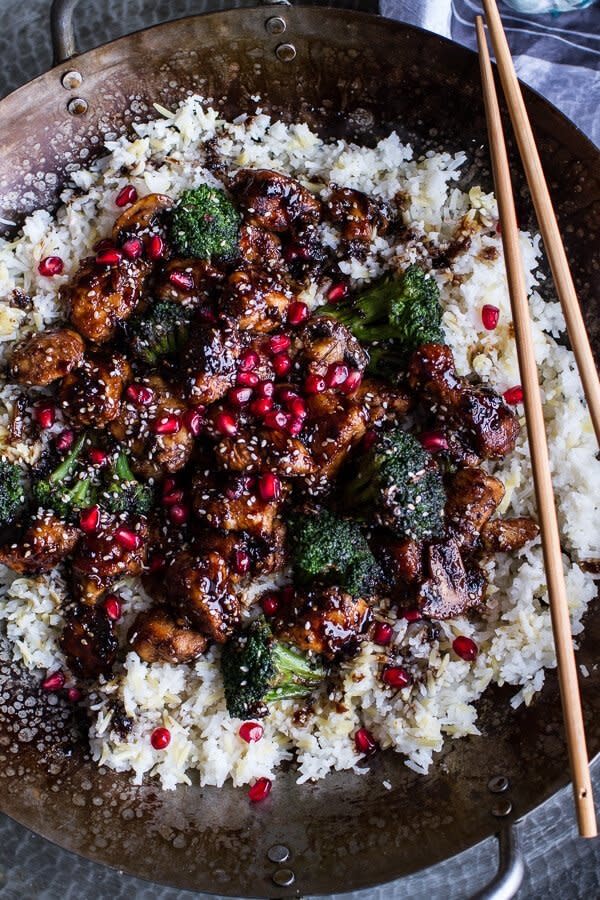 <strong>Get the <a href="https://www.halfbakedharvest.com/pomegranate-sesame-chicken-ginger-rice-pilaf/" target="_blank">Pomegranate Sesame Chicken With Ginger Rice Pilaf</a> recipe from Half Baked Harvest</strong>