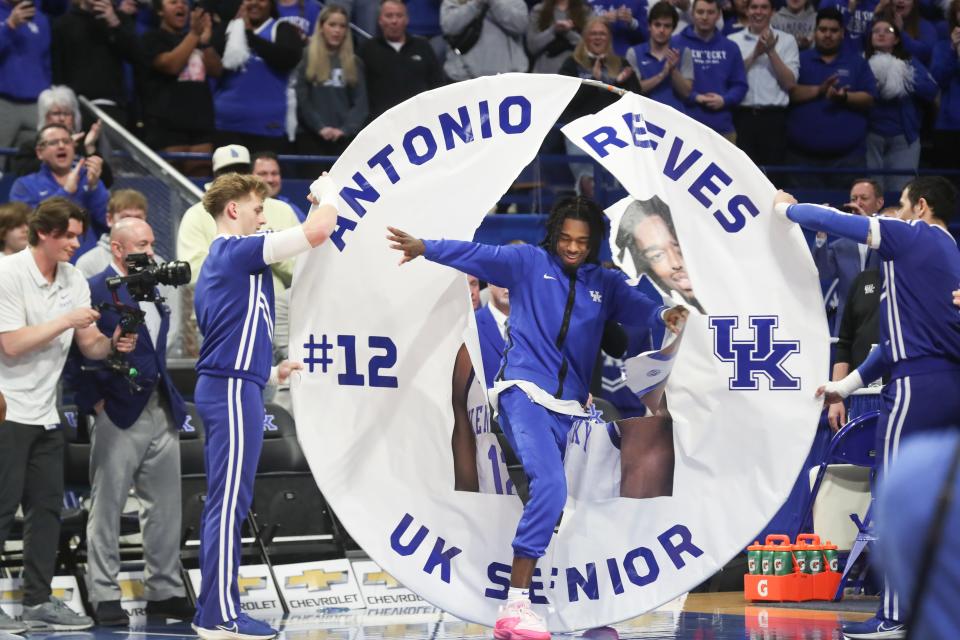 Kentucky's guard Antonio Reeves (12) was introduced as a senior before the game against Vanderbilt at Rupp Arena in Lexington, Ky., Wednesday, Mar. 6, 2024