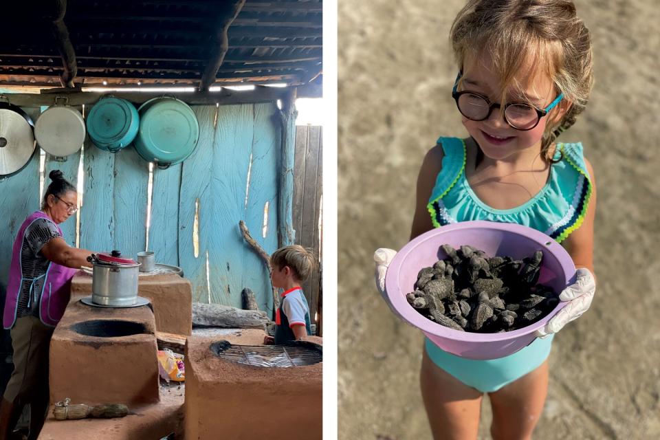 Young boy watches woman make tortillas. Young girl holds bowl of baby turtles. Both in Zihuatanejo, Mexico