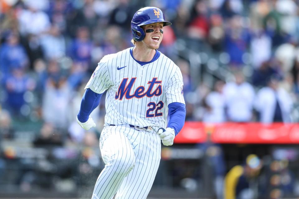 New York Mets third baseman Brett Baty (22) celebrates after hitting a pinch hit 3 run home run in the eighth inning against the Milwaukee Brewers on March 30, 2024, at Citi Field.