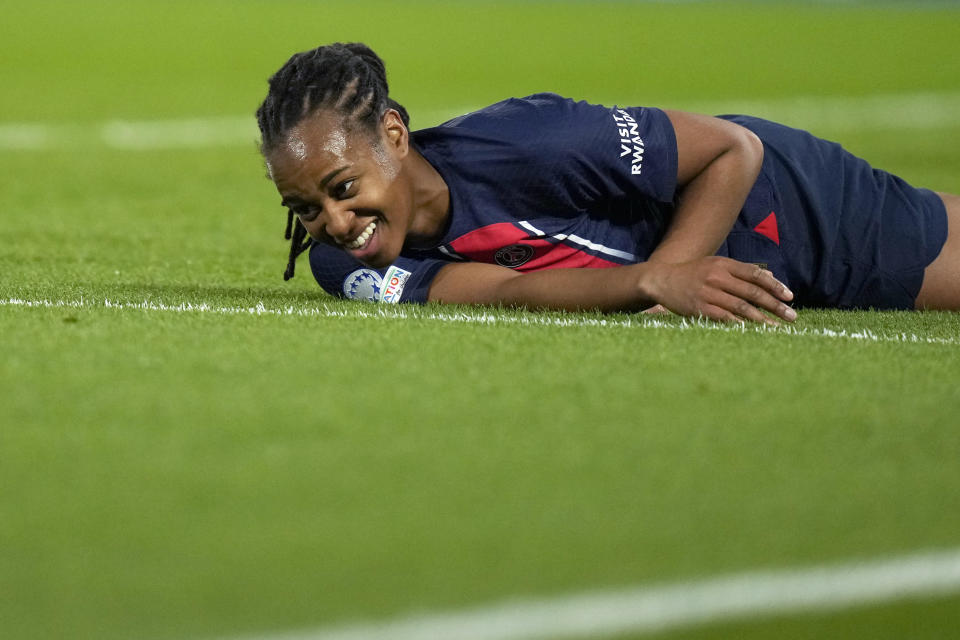 PSG's Marie-Antoinette Katoto reacts after a missed chance to score during the women's Champions League quarterfinals, second leg, soccer match between Paris Saint-Germain and BK Hacken at Parc des Princes, in Paris, Thursday, March 28, 2024. (AP Photo/Thibault Camus)