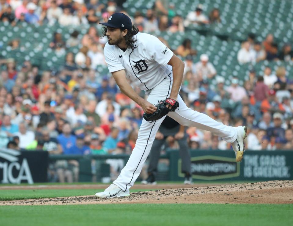 Detroit Tigers starter Alex Faedo (49) pitches against the Chicago Cubs during first-inning action at Comerica Park in Detroit on Monday, Aug. 21, 2023.