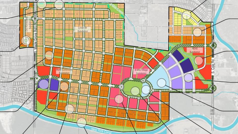 A map of the development shows medium- and high-density construction filling the vast majority of the site. Single-family homes would fill the northeastern corner. Apartments and a mixed-use area fill the center and include a community area, civic space and school. The Land Group