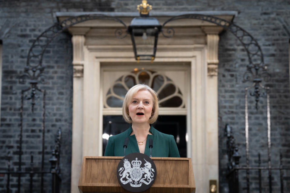 Outgoing Prime Minister Liz Truss making a speech outside 10 Downing Street, London before travelling to Buckingham Palace for an audience with King Charles III to formally resign as PM. Picture date: Tuesday October 25, 2022.